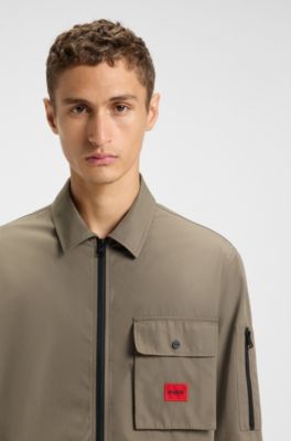 Zip-up cotton-blend canvas overshirt with logo label, Grey