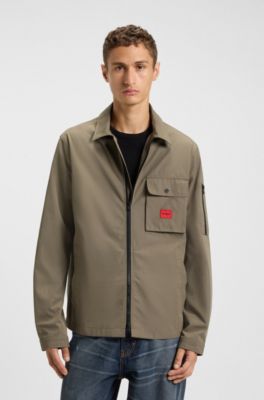 Zip-up cotton-blend canvas overshirt with logo label, Grey