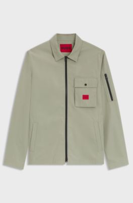Zip-up cotton-blend canvas overshirt with logo label, Light Green