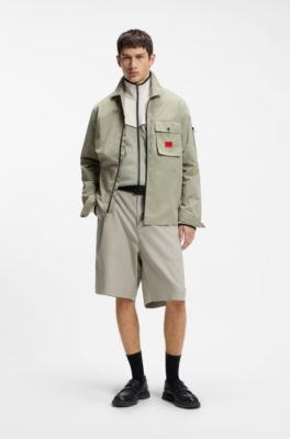 Zip-up cotton-blend canvas overshirt with logo label, Light Green