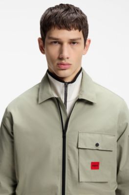 Zip-up cotton-blend canvas overshirt with logo label, Light Green