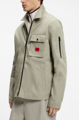 Zip-up cotton-blend canvas overshirt with logo label, Light Green