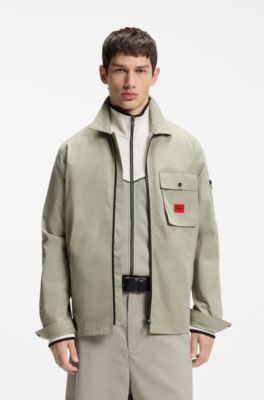 Zip-up cotton-blend canvas overshirt with logo label, Light Green