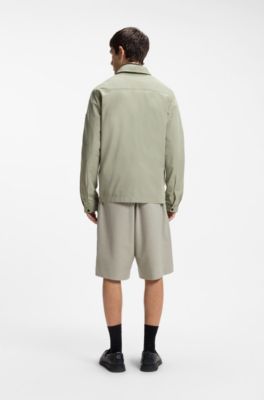 Zip-up cotton-blend canvas overshirt with logo label, Light Green