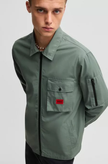 Zip-up cotton-blend canvas overshirt with logo label