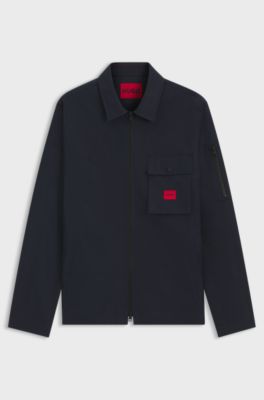 Zip-up cotton-blend canvas overshirt with logo label, Dark Blue
