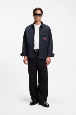 Zip-up cotton-blend canvas overshirt with logo label, Dark Blue