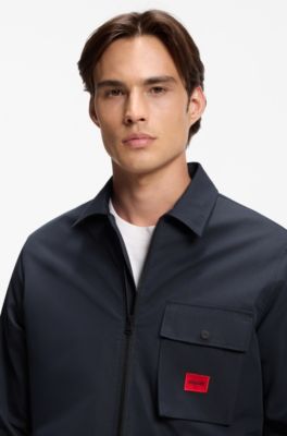 Zip-up cotton-blend canvas overshirt with logo label, Dark Blue