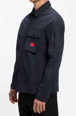 Zip-up cotton-blend canvas overshirt with logo label, Dark Blue