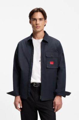 Zip-up cotton-blend canvas overshirt with logo label, Dark Blue