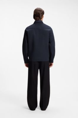 Zip-up cotton-blend canvas overshirt with logo label, Dark Blue