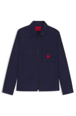 Zip-up cotton-blend canvas overshirt with logo label, Dark Blue
