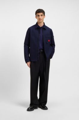 Zip-up cotton-blend canvas overshirt with logo label, Dark Blue