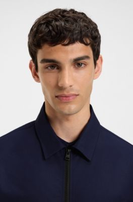 Zip-up cotton-blend canvas overshirt with logo label, Dark Blue
