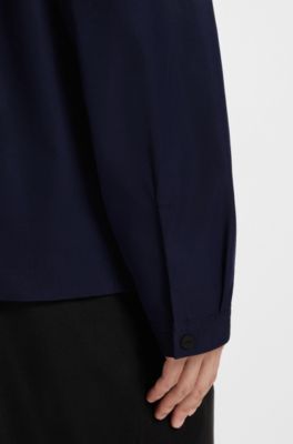 Zip-up cotton-blend canvas overshirt with logo label, Dark Blue
