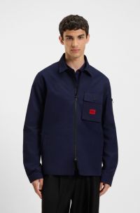 Zip-up cotton-blend canvas overshirt with logo label, Dark Blue