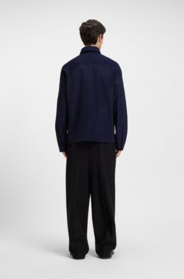 Zip-up cotton-blend canvas overshirt with logo label, Dark Blue