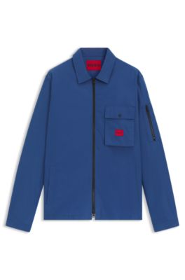 Zip-up cotton-blend canvas overshirt with logo label, Blue