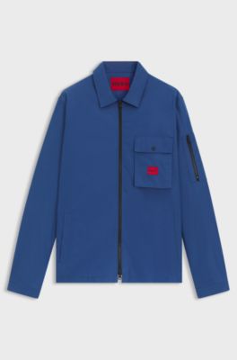 Zip-up cotton-blend canvas overshirt with logo label, Blue
