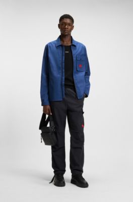 Surchemise zipp&eacute;e en toile de coton m&eacute;lang&eacute; avec &eacute;tiquette logo, Bleu