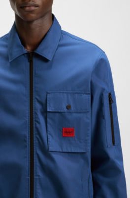 Zip-up cotton-blend canvas overshirt with logo label, Blue