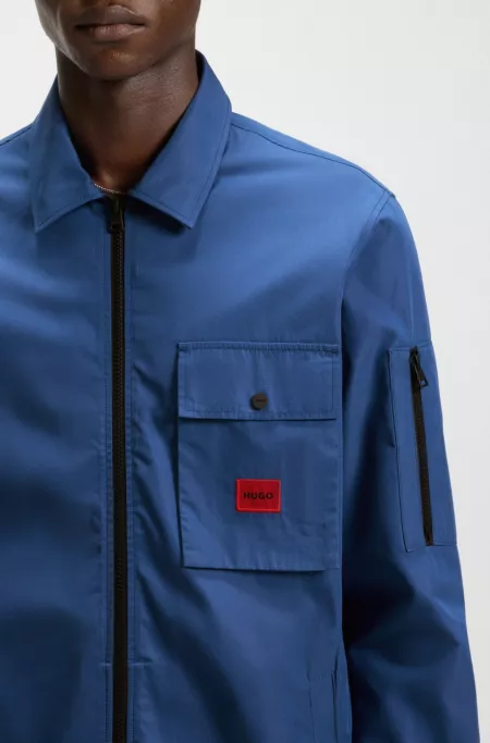 Zip-up cotton-blend canvas overshirt with logo label