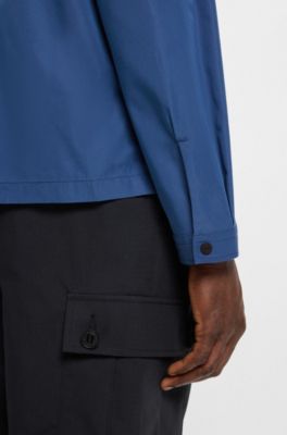 Surchemise zipp&eacute;e en toile de coton m&eacute;lang&eacute; avec &eacute;tiquette logo, Bleu