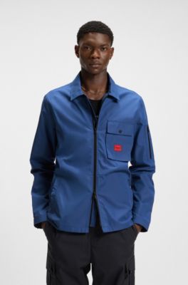 Zip-up cotton-blend canvas overshirt with logo label, Blue