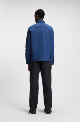 Zip-up cotton-blend canvas overshirt with logo label, Blue