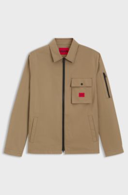 Zip-up cotton-blend canvas overshirt with logo label, Beige