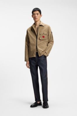 Zip-up cotton-blend canvas overshirt with logo label, Beige