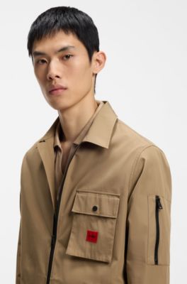 Zip-up cotton-blend canvas overshirt with logo label, Beige