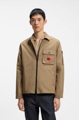 Zip-up cotton-blend canvas overshirt with logo label, Beige