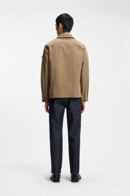 Zip-up cotton-blend canvas overshirt with logo label, Beige