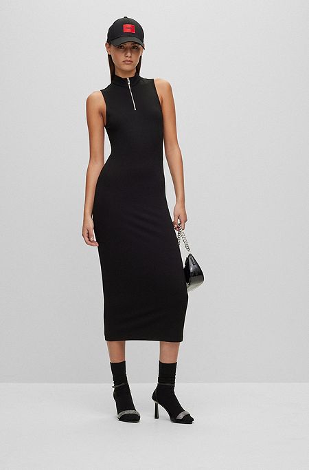 Slim-fit sleeveless dress with zip neckline, Black