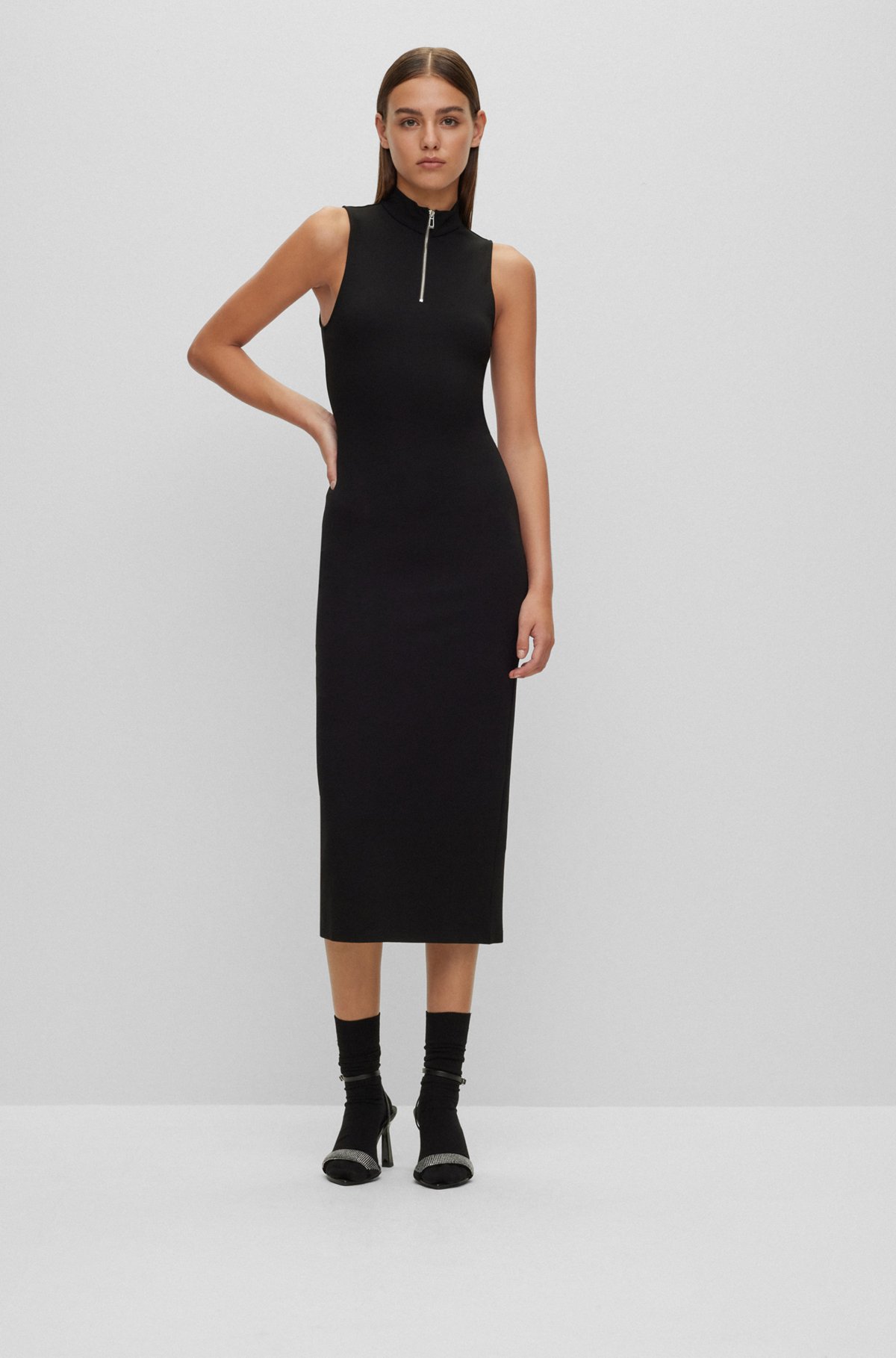 Slim-fit sleeveless dress with zip neckline, Black