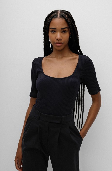 Square-neck slim-fit bodysuit in stretch cotton, Black