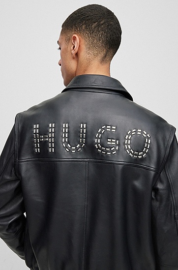HUGO 雨果可拆卸衣袖徽标饰钉装饰皮夹克外套,  001_Black