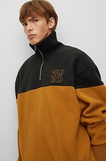 HUGO 雨果堆叠风徽标刺绣拉链领羊羔绒运动衫,  221_Rust/Copper