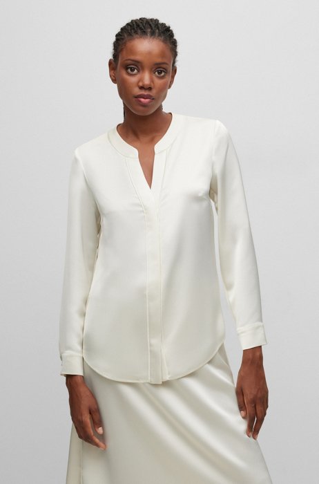 Slim-fit V-neck blouse in heavyweight satin, White