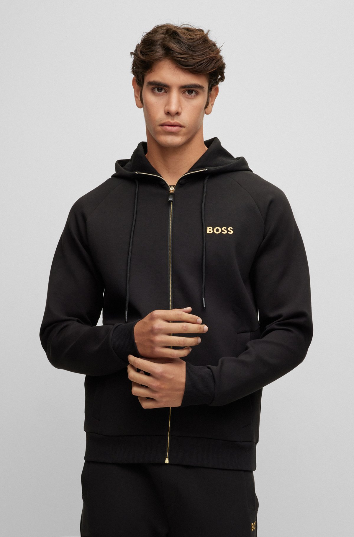 BOSS - Sweat à capuche zippé en coton mélangé avec logo contrastant