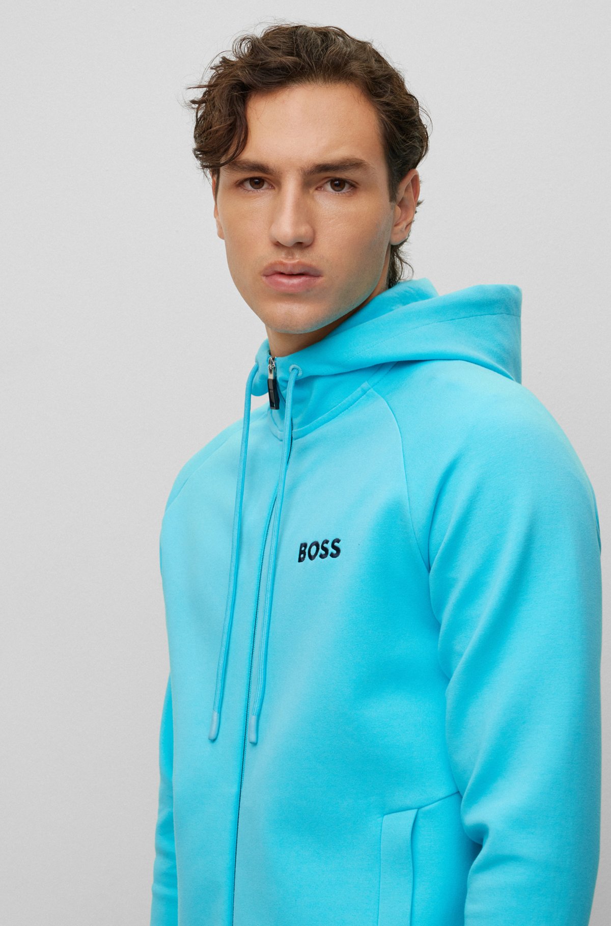 BOSS - Cotton-blend zip-up hoodie with contrast logo