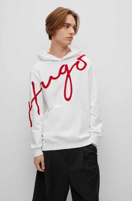 Cotton-terry hoodie with oversized logo embroidery, White