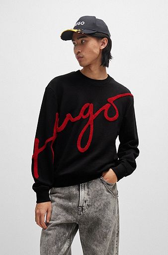 Cotton-terry sweatshirt with embroidered handwritten logo, Black