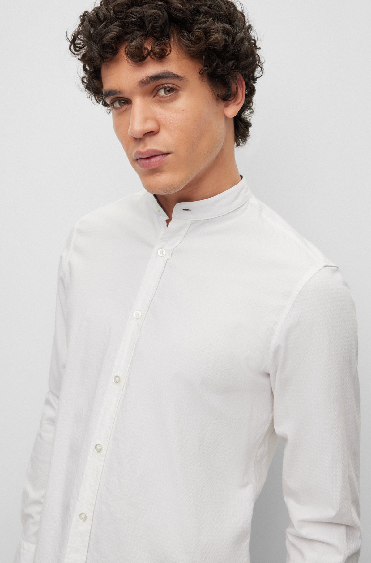 Regular-fit shirt in stretch-cotton dobby, White
