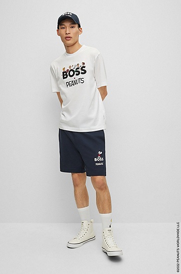 七夕BOSS X PEANUTS联名系列专有艺术风图案棉质毛圈布短裤,  404_Dark Blue