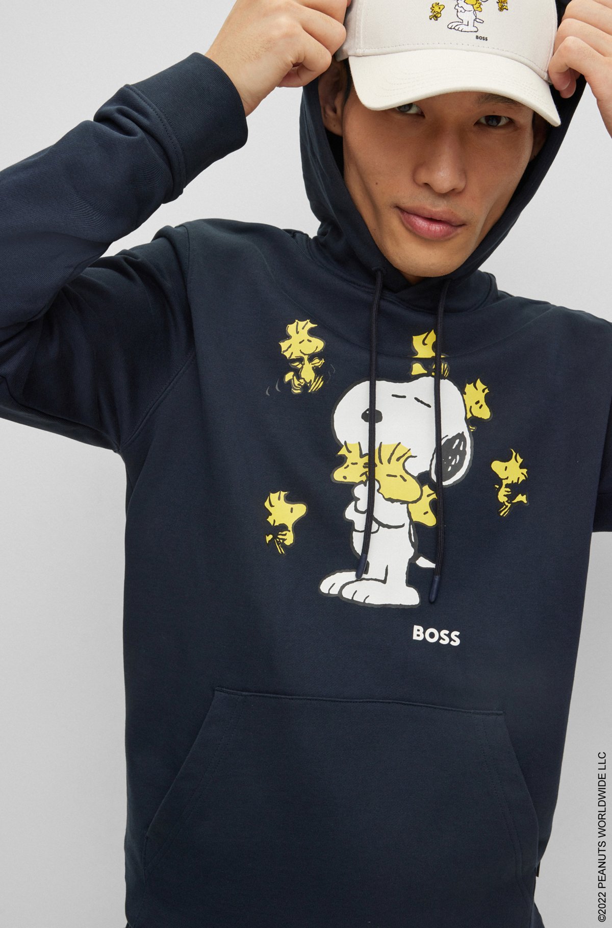 BOSS x PEANUTS oversized-fit hoodie in French terry with exclusive artwork, Dark Blue
