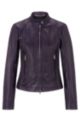 Leather biker regular-fit jacket with stand collar, Dark Purple