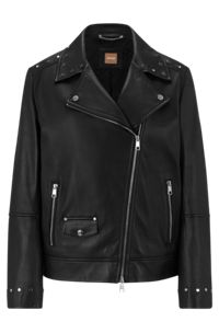 Regular-fit leather jacket with flat-top studs, Black