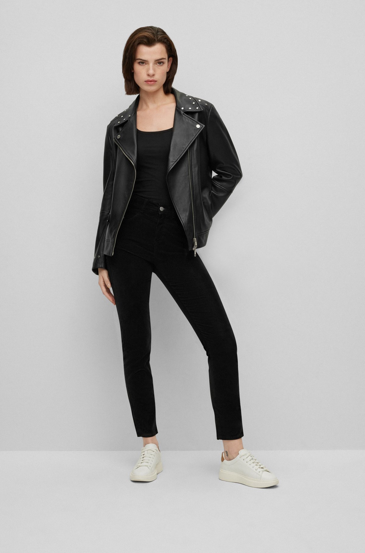 Regular-fit leather jacket with flat-top studs, Black